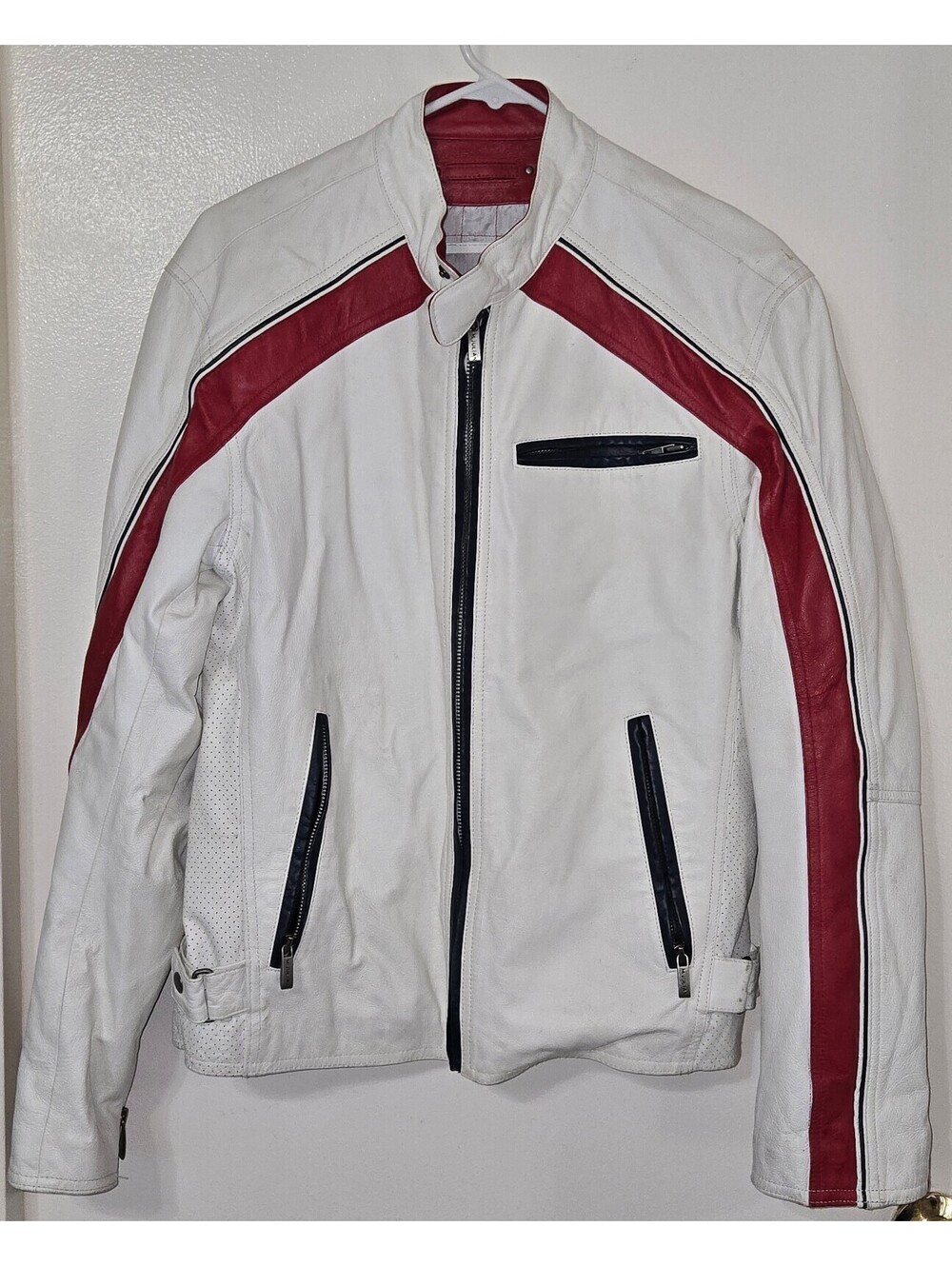 Y2K Wilsons Leather White Red Motorcycle Jacket Genuine Leather Men's M